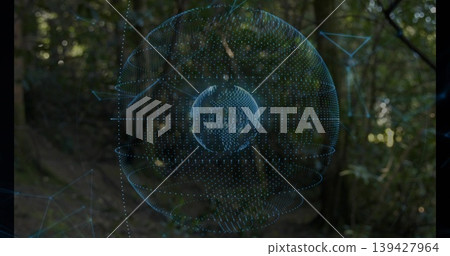 Floating blue holographic sphere rotating over forest clearing, with inner globe and network nodes Floating blue holographic sphere rotating over forest clearing, with inner globe and network nodes 139427964
