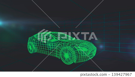Rendering neon green wireframe sedan rotating in 3D studio, showing wireframe wheels, cyan flares Rendering neon green wireframe sedan rotating in 3D studio, showing wireframe wheels, cyan flares 139427967