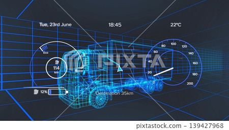 Glowing blue wireframe semi-truck traveling in virtual grid tunnel, showing HUD 114 km battery 12% Glowing blue wireframe semi-truck traveling in virtual grid tunnel, showing HUD 114 km battery 12% 139427968