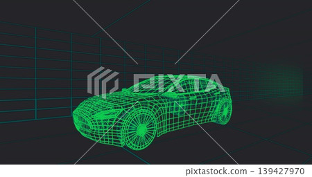 Displaying neon-green wireframe passenger car model occupying center of studio, with gridlines Displaying neon-green wireframe passenger car model occupying center of studio, with gridlines 139427970