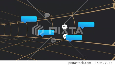 Floating blue chat bubbles and white-gray icons receding into VR gold grid tunnel vanishing point Floating blue chat bubbles and white-gray icons receding into VR gold grid tunnel vanishing point 139427972