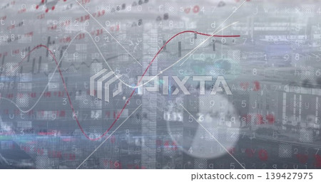 Displaying translucent eye merging with analytics HUD at hub, showing red wave, numeric matrix Displaying translucent eye merging with analytics HUD at hub, showing red wave, numeric matrix 139427975
