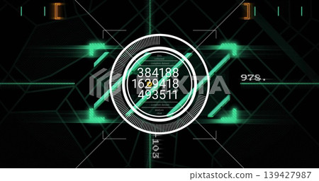 Displaying central concentric HUD showing numeric data at digital overlay, neon green bars Displaying central concentric HUD showing numeric data at digital overlay, neon green bars 139427987