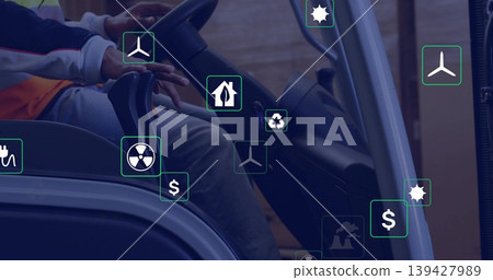 Driving female in orange vest at steering wheel of utility cart in warehouse with eco icons Driving female in orange vest at steering wheel of utility cart in warehouse with eco icons 139427989