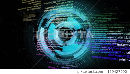 Rotating central HUD displaying concentric rings, arcs, code and wireframe nodes on dark field 139427990