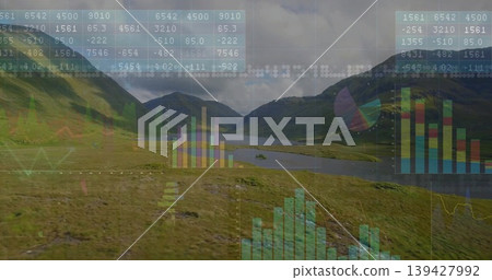 Displaying mountain valley with calm lake and rolling grassy slopes, showing faint data overlays 139427992