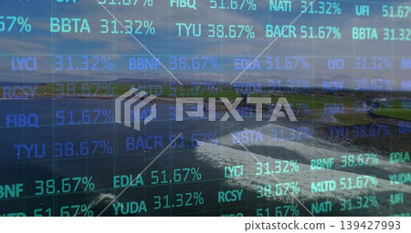 Displaying stock ticker overlay showing percent figures over coastal bay from cliff viewpoint 139427993
