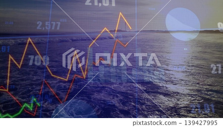 Showing ocean waves projecting neon graphs, labels, pie graphic and sun glare on coastline Showing ocean waves projecting neon graphs, labels, pie graphic and sun glare on coastline 139427995