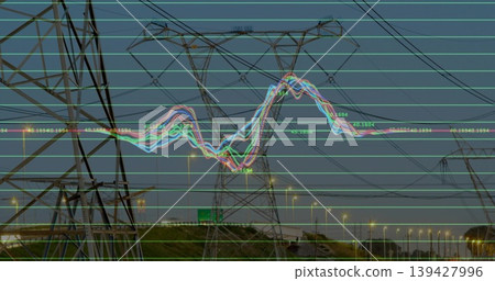 Dominating high-voltage lattice tower rising at dusk on highway, with waveform and streetlights Dominating high-voltage lattice tower rising at dusk on highway, with waveform and streetlights 139427996