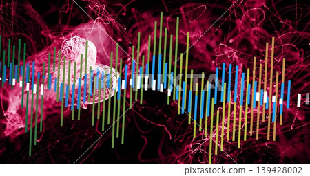 Displaying colorful EQ bars pulsing in music visualization, with white markers and light node Displaying colorful EQ bars pulsing in music visualization, with white markers and light node 139428002