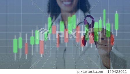 Smiling professional woman in light blazer tapping purple ribbon on stock chart in office with grid Smiling professional woman in light blazer tapping purple ribbon on stock chart in office with grid 139428011