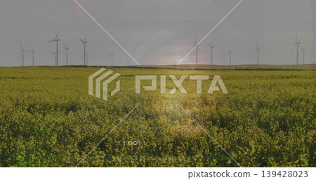 Covering dense yellow canola field across farmland, with wind turbines and timestamp 11:00:11 Covering dense yellow canola field across farmland, with wind turbines and timestamp 11:00:11 139428023