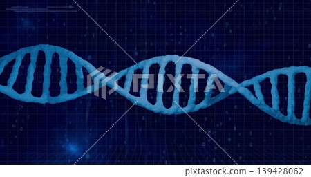 Floating translucent blue DNA helix spanning virtual lab floor, showing grid and binary characters Floating translucent blue DNA helix spanning virtual lab floor, showing grid and binary characters 139428062