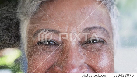 Gazing mature woman face showing fine lines and gray hair in garden, with frosted film overlay Gazing mature woman face showing fine lines and gray hair in garden, with frosted film overlay 139428079