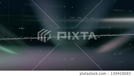 Animating center dotted wave pulsing across data display with dotted grid numbers, streaks, specks Animating center dotted wave pulsing across data display with dotted grid numbers, streaks, specks 139428083