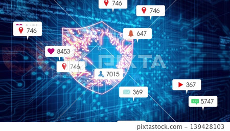 Displaying neon magenta-cyan circuitry shield glowing in cyberspace, showing notification callouts Displaying neon magenta-cyan circuitry shield glowing in cyberspace, showing notification callouts 139428103