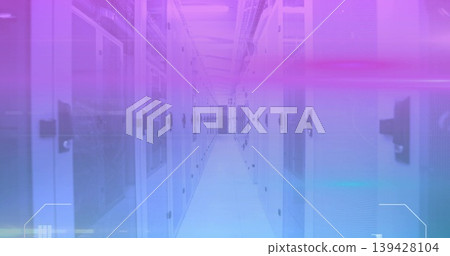 Leading central aisle guiding eye into data center, showing server racks and LED lighting 139428104