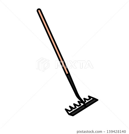 Illustration material: Rake and long wooden handle used for cleaning and gardening 139428140