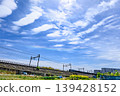 藍天上飄蕩著卷雲，一列火車正在行駛。 139428152