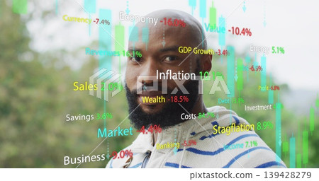 Standing man wearing cream sweater with blue stripes on terrace, showing candlestick chart overlays Standing man wearing cream sweater with blue stripes on terrace, showing candlestick chart overlays 139428279