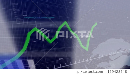 Displaying green zigzag line chart climbing dark blue grid, showing axis ticks, globe silhouette Displaying green zigzag line chart climbing dark blue grid, showing axis ticks, globe silhouette 139428348
