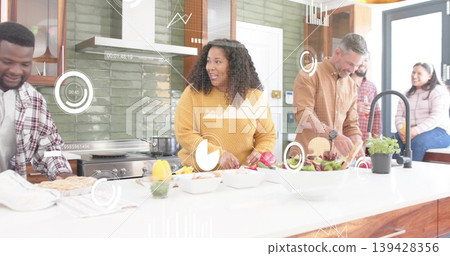 Chopping woman in mustard-yellow sweater preparing vegetables at kitchen island, with HUD overlays Chopping woman in mustard-yellow sweater preparing vegetables at kitchen island, with HUD overlays 139428356