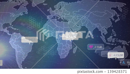 Displaying stylized world map pulsing across dark blue dashboard, with speech-bubble labels Displaying stylized world map pulsing across dark blue dashboard, with speech-bubble labels 139428371