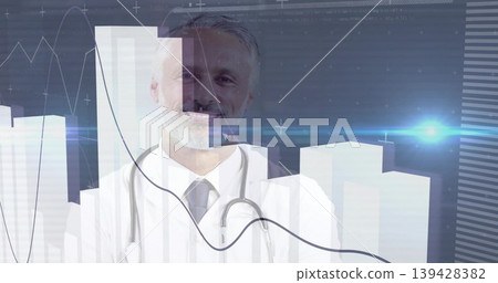 Standing mature doctor wearing white lab coat and tie in studio showing stethoscope with 3D charts Standing mature doctor wearing white lab coat and tie in studio showing stethoscope with 3D charts 139428382