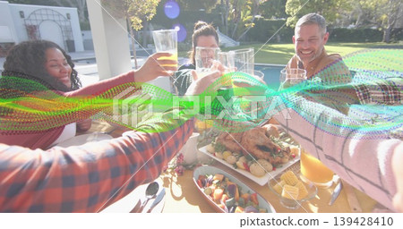 Toasting six friends wearing casual sweaters at yard pool, raising glasses, roast, digital wave Toasting six friends wearing casual sweaters at yard pool, raising glasses, roast, digital wave 139428410