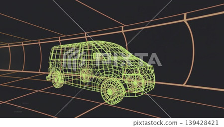 Showing neon green wireframe van model turning in grid tunnel, with wheels, lower-left marks 139428421