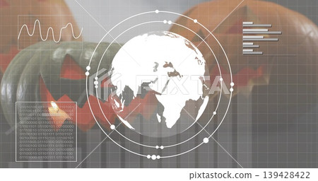 Showing center globe graphic hovering over shelf, carved pumpkins, rings, binary, chart, wave, grid Showing center globe graphic hovering over shelf, carved pumpkins, rings, binary, chart, wave, grid 139428422