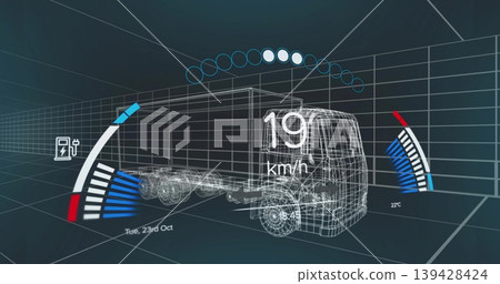 Displaying wireframe heavy truck trailer moving through 3D grid, showing HUD speed 19 km or h Displaying wireframe heavy truck trailer moving through 3D grid, showing HUD speed 19 km or h 139428424