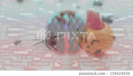Hovering neon brain graphic glowing above circuit tabletop, with pumpkin wearing red cap and insect Hovering neon brain graphic glowing above circuit tabletop, with pumpkin wearing red cap and insect 139428430