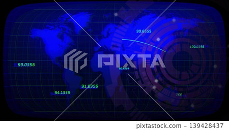 Displaying digital world map overlaying console, showing HUD rings, trajectory, numeric labels Displaying digital world map overlaying console, showing HUD rings, trajectory, numeric labels 139428437