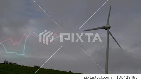 Turning white turbine towering right of grass hill with fenceposts, cyan pink overlays, copy space Turning white turbine towering right of grass hill with fenceposts, cyan pink overlays, copy space 139428463