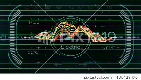 Displaying digital cluster on car dashboard showing central Electric Auto gauge, color waves, speed Displaying digital cluster on car dashboard showing central Electric Auto gauge, color waves, speed 139428476