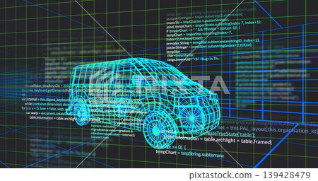 Displaying cyan wireframe 3D van model rotating in virtual modeling workspace, with code overlays Displaying cyan wireframe 3D van model rotating in virtual modeling workspace, with code overlays 139428479