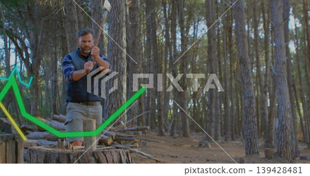 Raising man in work clothes swinging axe in pine forest on stump, log, green overlay Raising man in work clothes swinging axe in pine forest on stump, log, green overlay 139428481