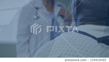 Sitting patient in patterned gown blue tie clinic, clinician lab coat stethoscope, HUD, copy space Sitting patient in patterned gown blue tie clinic, clinician lab coat stethoscope, HUD, copy space 139428485