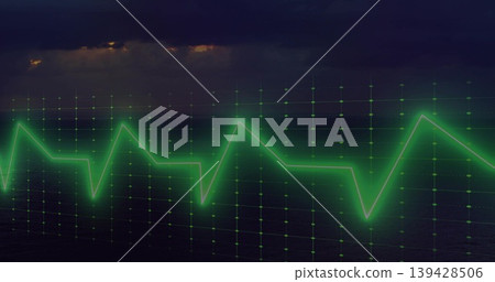 Pulsing glowing neon green waveform running across dark ocean at dusk with 3D grid nodes Pulsing glowing neon green waveform running across dark ocean at dusk with 3D grid nodes 139428506