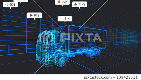 Glowing wireframe box truck sitting on 3D grid, displaying mesh wheels, chassis and HUD counters 139428511