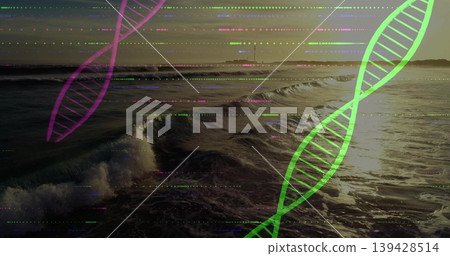 Surging breaking waves moving at coast with sun glare, headland tower, DNA helices, glitches Surging breaking waves moving at coast with sun glare, headland tower, DNA helices, glitches 139428514