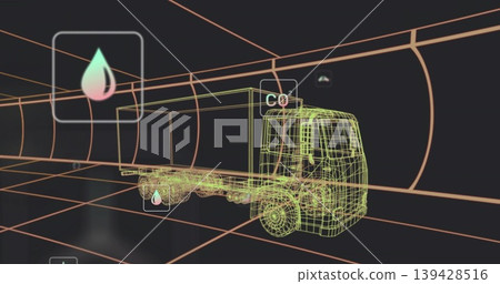 Displaying wireframe flatbed truck model rotating inside neon tunnel, showing CO2 and droplet icons 139428516
