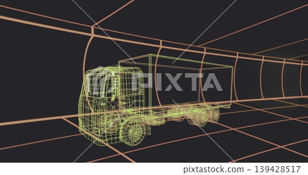 Presenting wireframe box truck in neon green inside virtual 3D tunnel grid, showing vanishing lines 139428517