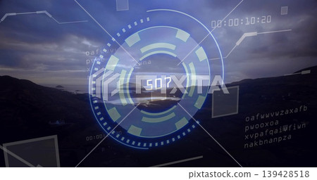 Displaying circular HUD overlay centered above coastal inlet, showing readout 507 and 00:00:10:20 139428518