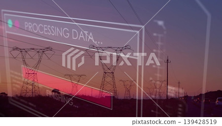 Showing transmission towers and power lines along roadside at dusk, HUD reading PROCESSING DATA 139428519