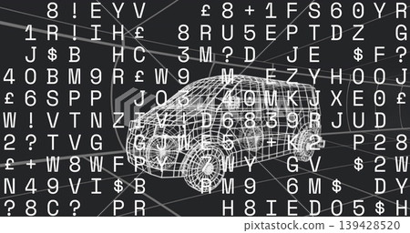 Displaying white wireframe SUV model rotating in virtual studio, with symbols and grid lines Displaying white wireframe SUV model rotating in virtual studio, with symbols and grid lines 139428520