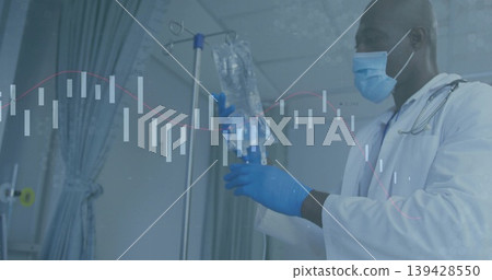 Adjusting doctor in lab coat, stethoscope and gloves handling IV bag in hospital bay, copy space Adjusting doctor in lab coat, stethoscope and gloves handling IV bag in hospital bay, copy space 139428550