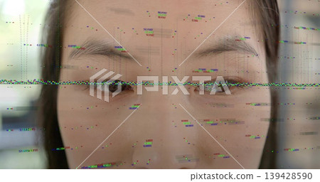Facing Korean woman showing calm gaze in room closeup, glitch line across eyes and pixel noise Facing Korean woman showing calm gaze in room closeup, glitch line across eyes and pixel noise 139428590