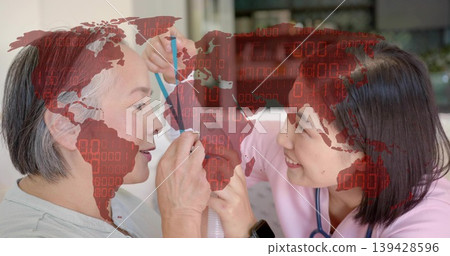 Measuring nurse in pink-scrub holding blue strap by woman's face on sofa, steth, watch, red overlay Measuring nurse in pink-scrub holding blue strap by woman's face on sofa, steth, watch, red overlay 139428596